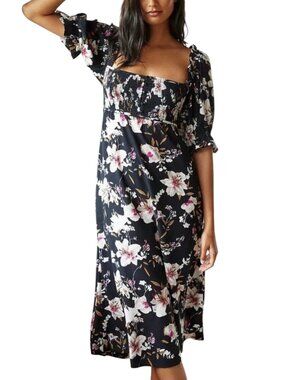 Anthropologie Midi Dress Smocked Puff Sleeve Tie Back Floral Black XXS